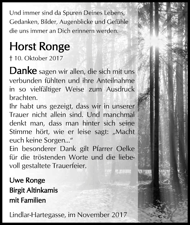  Traueranzeige für Horst Ronge vom 18.11.2017 aus Kölner Stadt-Anzeiger / Kölnische Rundschau / Express