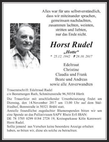 Anzeige von Horst Rudel von  Wochenende 