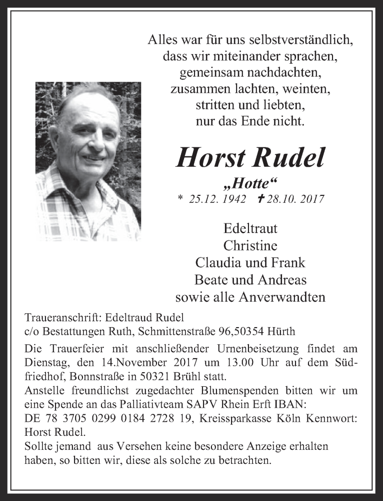  Traueranzeige für Horst Rudel vom 08.11.2017 aus  Wochenende 