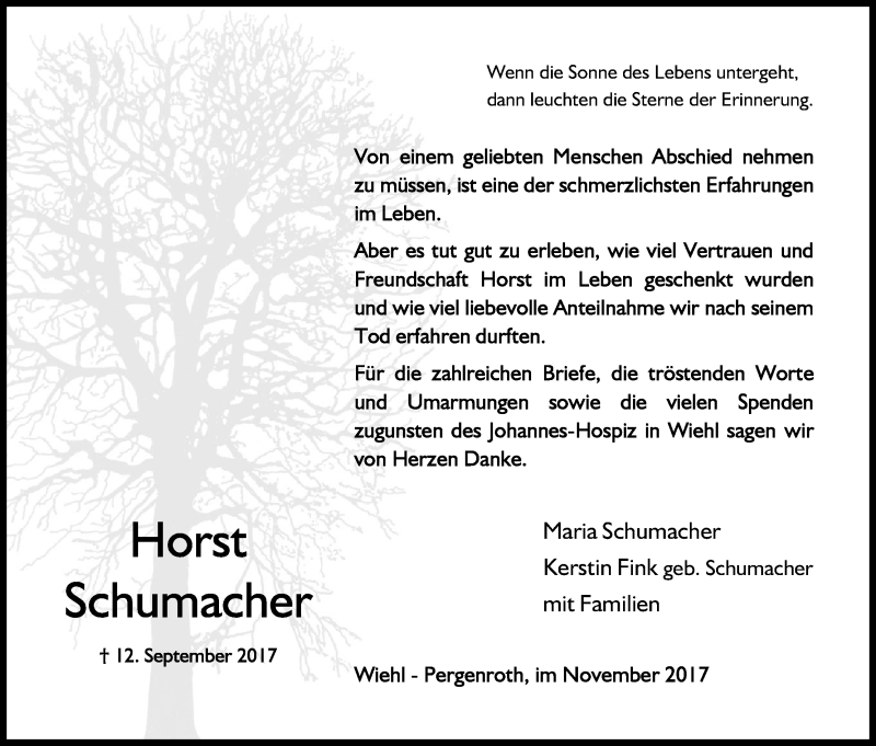  Traueranzeige für Horst Schumacher vom 11.11.2017 aus Kölner Stadt-Anzeiger / Kölnische Rundschau / Express