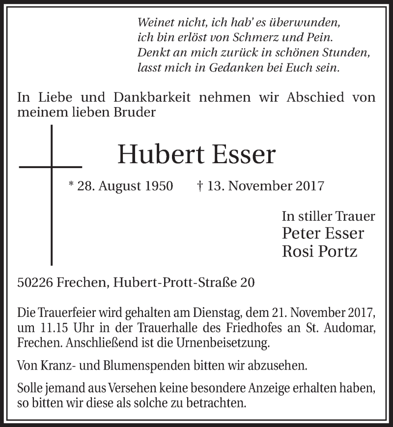 Traueranzeige für Hubert Esser vom 18.11.2017 aus  Sonntags-Post 