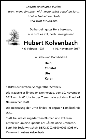 Anzeige von Hubert Kolvenbach von Kölner Stadt-Anzeiger / Kölnische Rundschau / Express