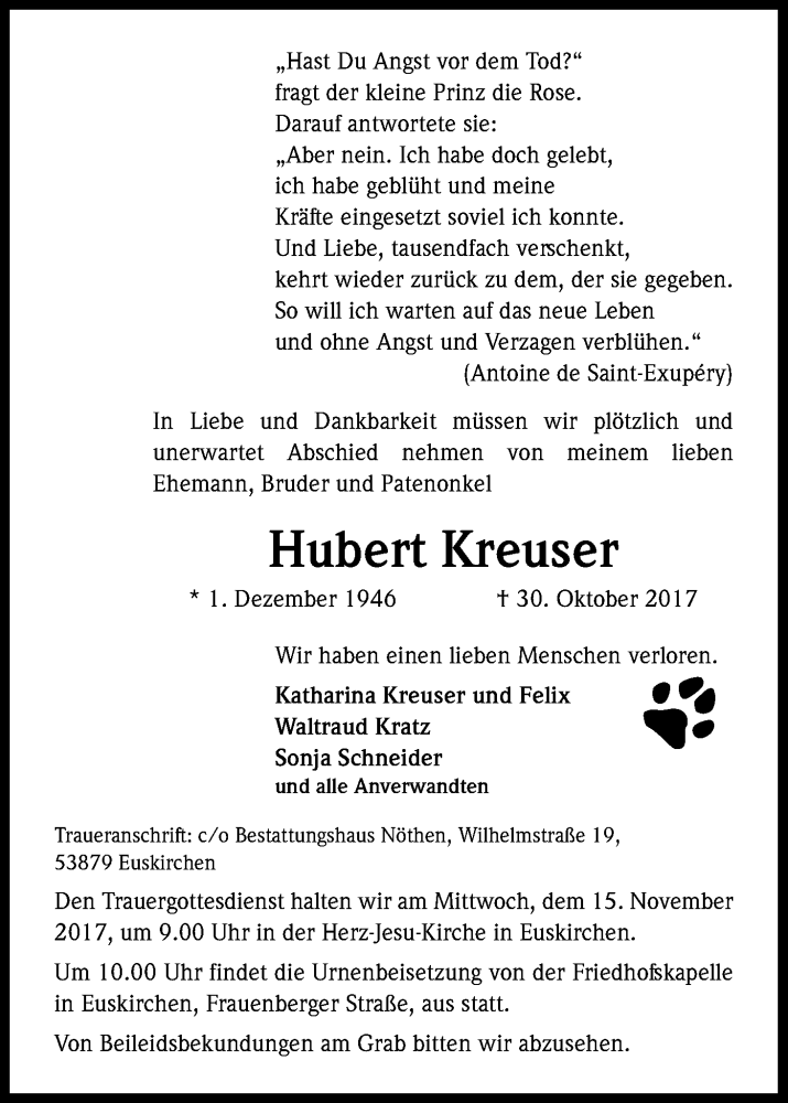  Traueranzeige für Hubert Kreuser vom 11.11.2017 aus Kölner Stadt-Anzeiger / Kölnische Rundschau / Express