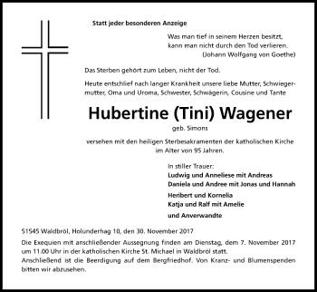 Anzeige von Hubertine Wagener von Kölner Stadt-Anzeiger / Kölnische Rundschau / Express