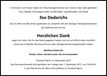 Anzeige von Ilse Dederichs von Kölner Stadt-Anzeiger / Kölnische Rundschau / Express