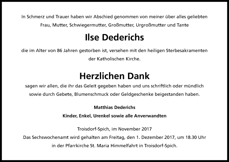  Traueranzeige für Ilse Dederichs vom 18.11.2017 aus Kölner Stadt-Anzeiger / Kölnische Rundschau / Express