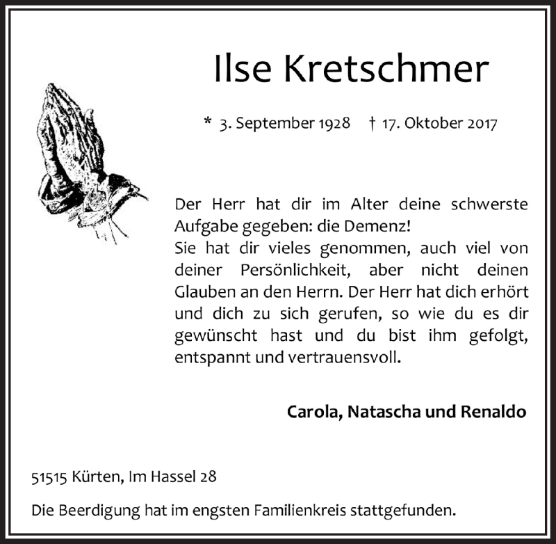  Traueranzeige für Ilse Kretschmer vom 08.11.2017 aus  Bergisches Handelsblatt 