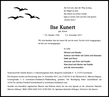 Anzeige von Ilse Kunert von Kölner Stadt-Anzeiger / Kölnische Rundschau / Express
