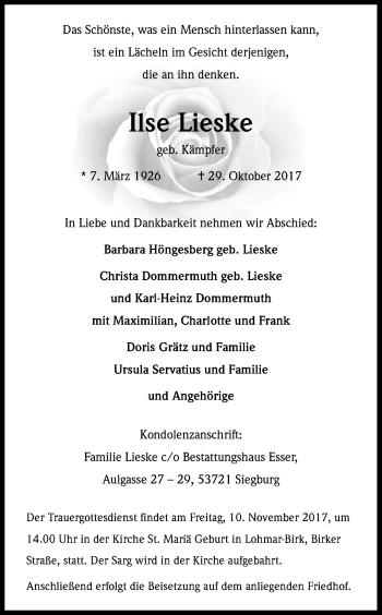 Anzeige von Ilse Lieske von Kölner Stadt-Anzeiger / Kölnische Rundschau / Express
