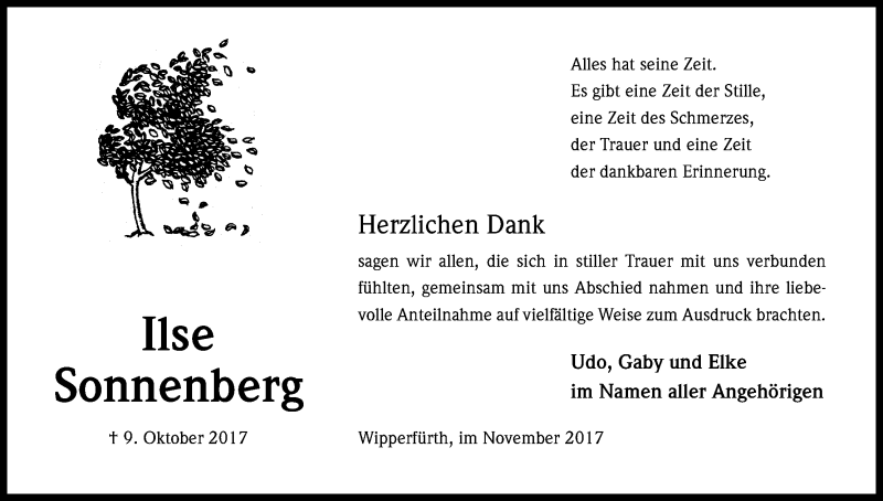  Traueranzeige für Ilse Sonnenberg vom 17.11.2017 aus Kölner Stadt-Anzeiger / Kölnische Rundschau / Express