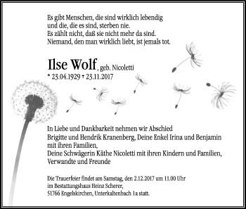 Anzeige von Ilse Wolf Nicoletti von Kölner Stadt-Anzeiger / Kölnische Rundschau / Express