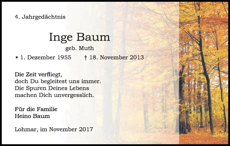  Traueranzeige für Inge Baum vom 18.11.2017 aus Kölner Stadt-Anzeiger / Kölnische Rundschau / Express