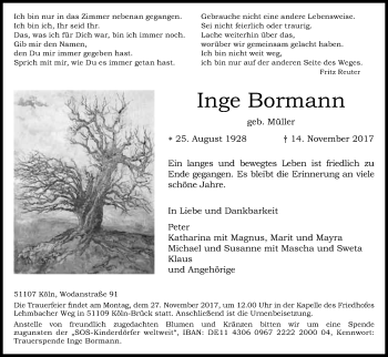 Anzeige von Inge Bormann von Kölner Stadt-Anzeiger / Kölnische Rundschau / Express