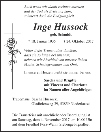 Anzeige von Inge Hussock von  Kölner Wochenspiegel  Extra Blatt 