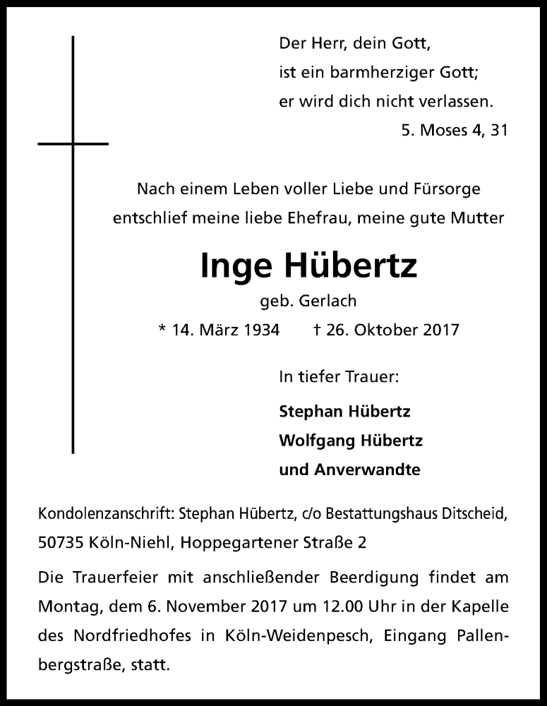  Traueranzeige für Inge Hübertz vom 04.11.2017 aus Kölner Stadt-Anzeiger / Kölnische Rundschau / Express