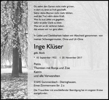 Anzeige von Inge Klüser von Kölner Stadt-Anzeiger / Kölnische Rundschau / Express