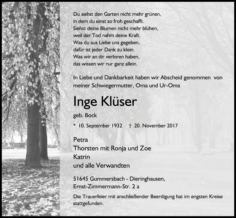  Traueranzeige für Inge Klüser vom 29.11.2017 aus Kölner Stadt-Anzeiger / Kölnische Rundschau / Express