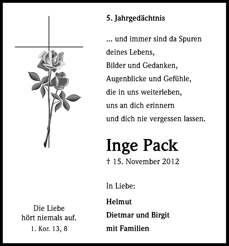  Traueranzeige für Inge Pack vom 15.11.2017 aus Kölner Stadt-Anzeiger / Kölnische Rundschau / Express