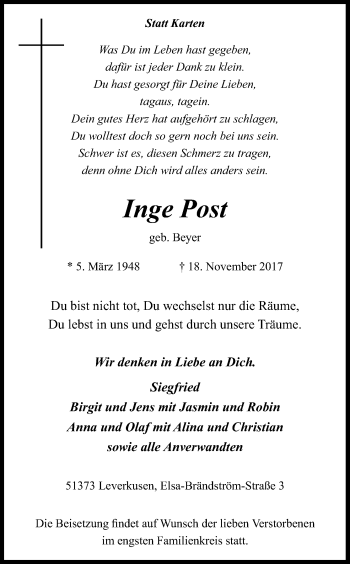 Anzeige von Inge Post von Kölner Stadt-Anzeiger / Kölnische Rundschau / Express