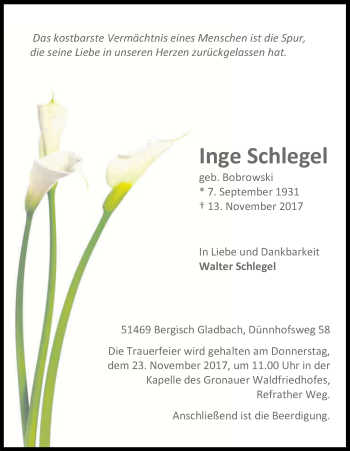 Anzeige von Inge Schlegel von Kölner Stadt-Anzeiger / Kölnische Rundschau / Express