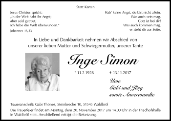 Anzeige von Inge Simon von Kölner Stadt-Anzeiger / Kölnische Rundschau / Express