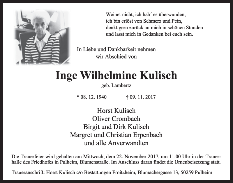  Traueranzeige für Inge Wilhelmine Kulisch vom 18.11.2017 aus  Sonntags-Post 