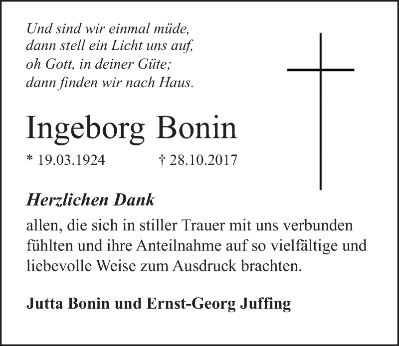  Traueranzeige für Ingeborg Bonin vom 25.11.2017 aus  Blickpunkt Euskirchen 