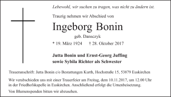 Anzeige von Ingeborg Bonin von  Blickpunkt Euskirchen 