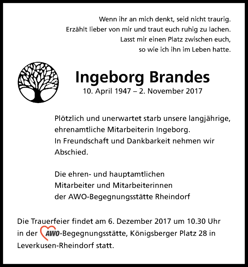  Traueranzeige für Ingeborg Brandes vom 29.11.2017 aus Kölner Stadt-Anzeiger / Kölnische Rundschau / Express