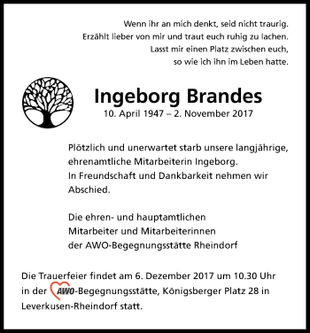 Anzeige von Ingeborg Brandes von Kölner Stadt-Anzeiger / Kölnische Rundschau / Express
