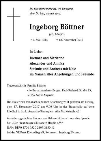 Anzeige von Ingeborg Böttner von Kölner Stadt-Anzeiger / Kölnische Rundschau / Express