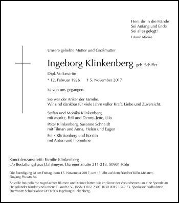 Anzeige von Ingeborg Klinkenberg von Kölner Stadt-Anzeiger / Kölnische Rundschau / Express