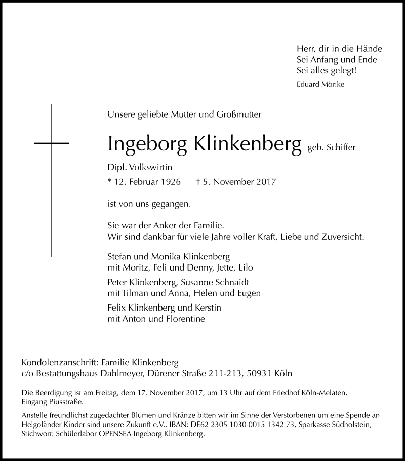  Traueranzeige für Ingeborg Klinkenberg vom 11.11.2017 aus Kölner Stadt-Anzeiger / Kölnische Rundschau / Express