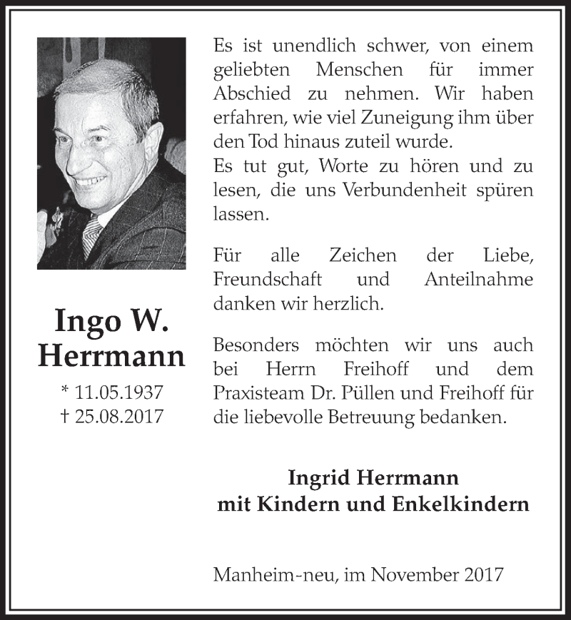  Traueranzeige für Ingo Herrmann vom 04.11.2017 aus  Sonntags-Post 