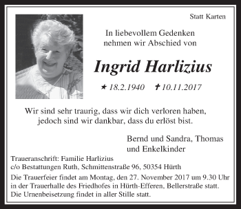 Anzeige von Ingrid Harlizius von  Wochenende 