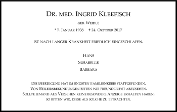 Anzeige von Ingrid Kleefisch von Kölner Stadt-Anzeiger / Kölnische Rundschau / Express