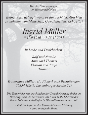 Anzeige von Ingrid Müller von  Wochenende 