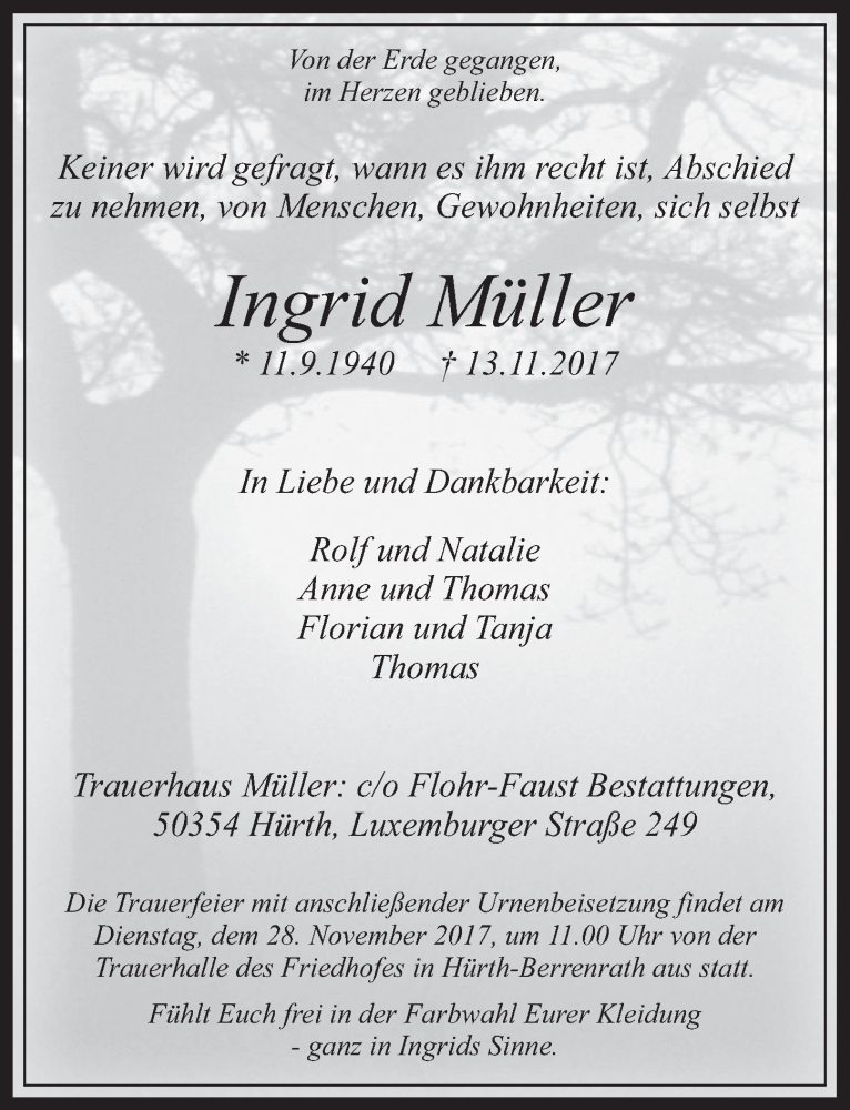  Traueranzeige für Ingrid Müller vom 22.11.2017 aus  Wochenende 