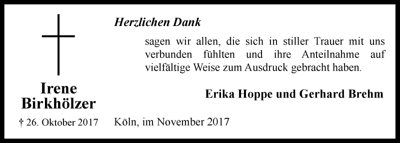  Traueranzeige für Irene Birkhölzer vom 29.11.2017 aus  Kölner Wochenspiegel 