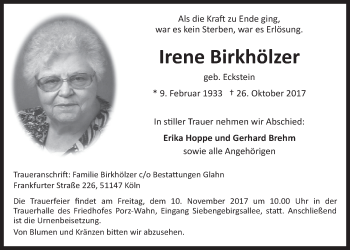 Anzeige von Irene Birkhölzer von  Kölner Wochenspiegel 