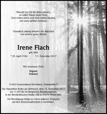 Anzeige von Irene Flach von Kölner Stadt-Anzeiger / Kölnische Rundschau / Express
