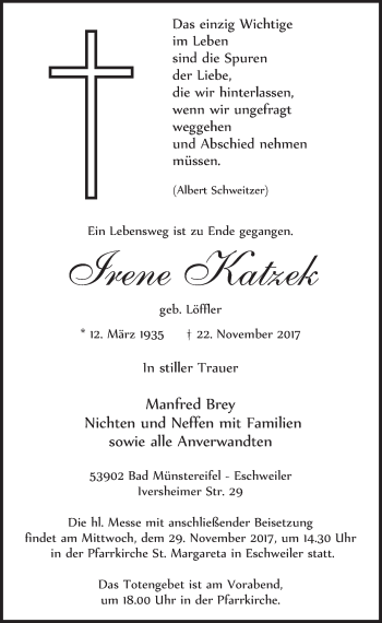 Anzeige von Irene Katzek von  Blickpunkt Euskirchen 
