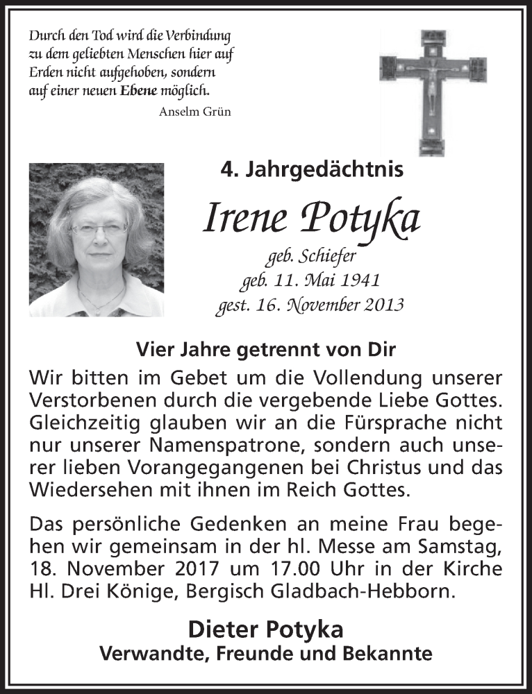  Traueranzeige für Irene Potyka vom 11.11.2017 aus  Bergisches Sonntagsblatt 
