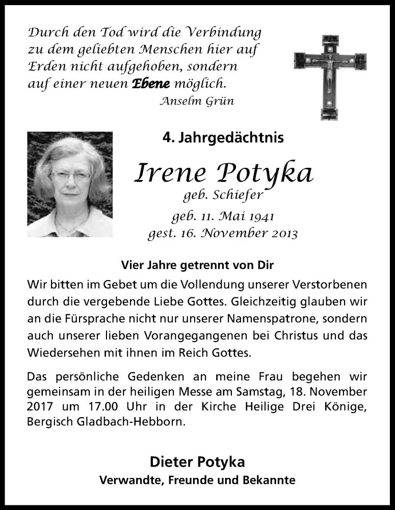  Traueranzeige für Irene Potyka vom 11.11.2017 aus Kölner Stadt-Anzeiger / Kölnische Rundschau / Express