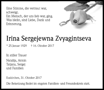 Anzeige von Irina Sergejewna Zvyagintseva von Kölner Stadt-Anzeiger / Kölnische Rundschau / Express
