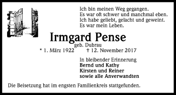 Anzeige von Irmgard Pense von Kölner Stadt-Anzeiger / Kölnische Rundschau / Express