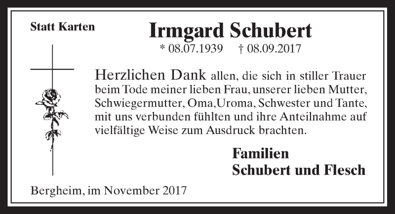  Traueranzeige für Irmgard Schubert vom 11.11.2017 aus  Sonntags-Post 