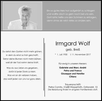 Anzeige von Irmgard Wolf von Kölner Stadt-Anzeiger / Kölnische Rundschau / Express
