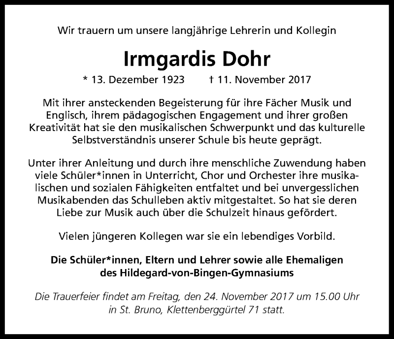  Traueranzeige für Irmgardis Dohr vom 22.11.2017 aus Kölner Stadt-Anzeiger / Kölnische Rundschau / Express