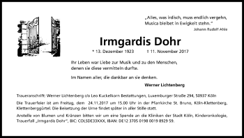 Anzeige von Irmgardis Dohr von Kölner Stadt-Anzeiger / Kölnische Rundschau / Express